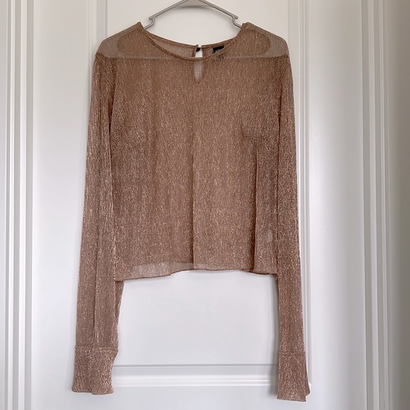 wild fable Tops - Wild Fable Sheer Glitter Gold Cropped Long Sleeve Blouse Plus Size XXL